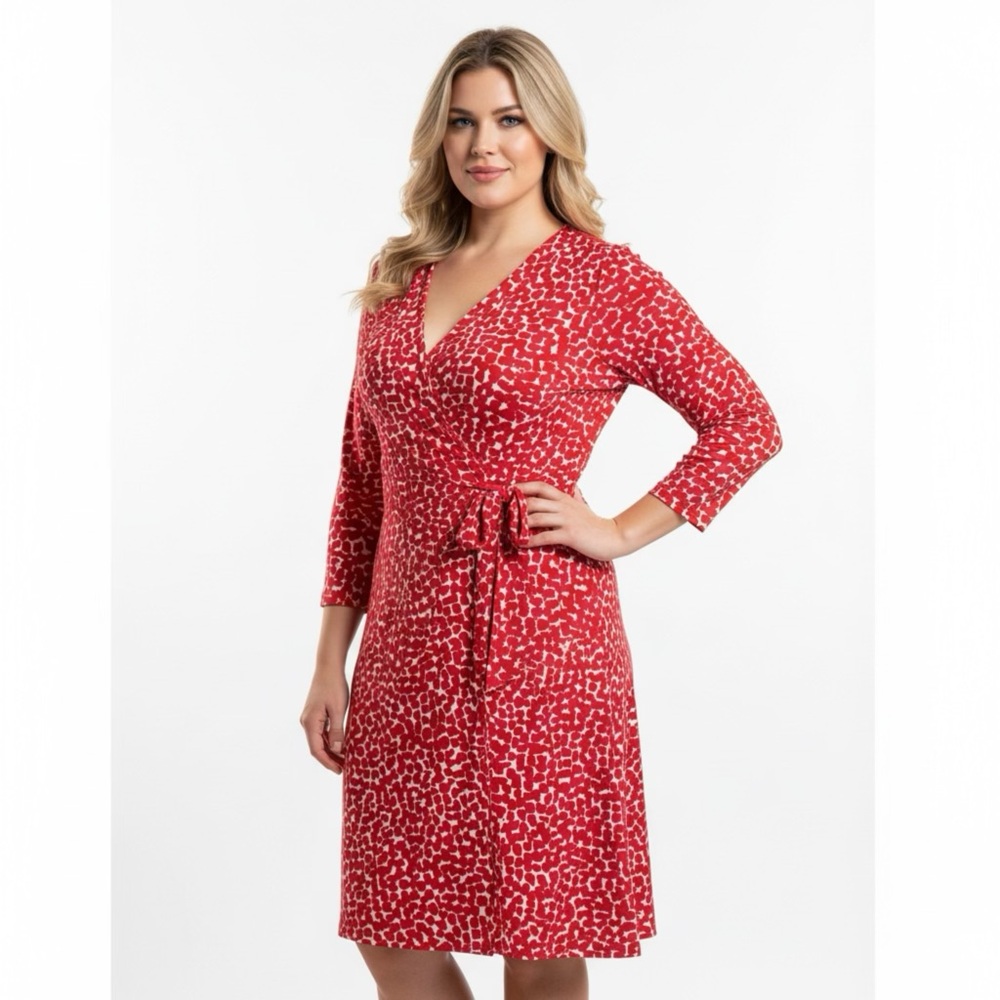 BCBGMaxAzira Faux Wrap Dress Abstract Red White V Neck Stretch Career Women MED